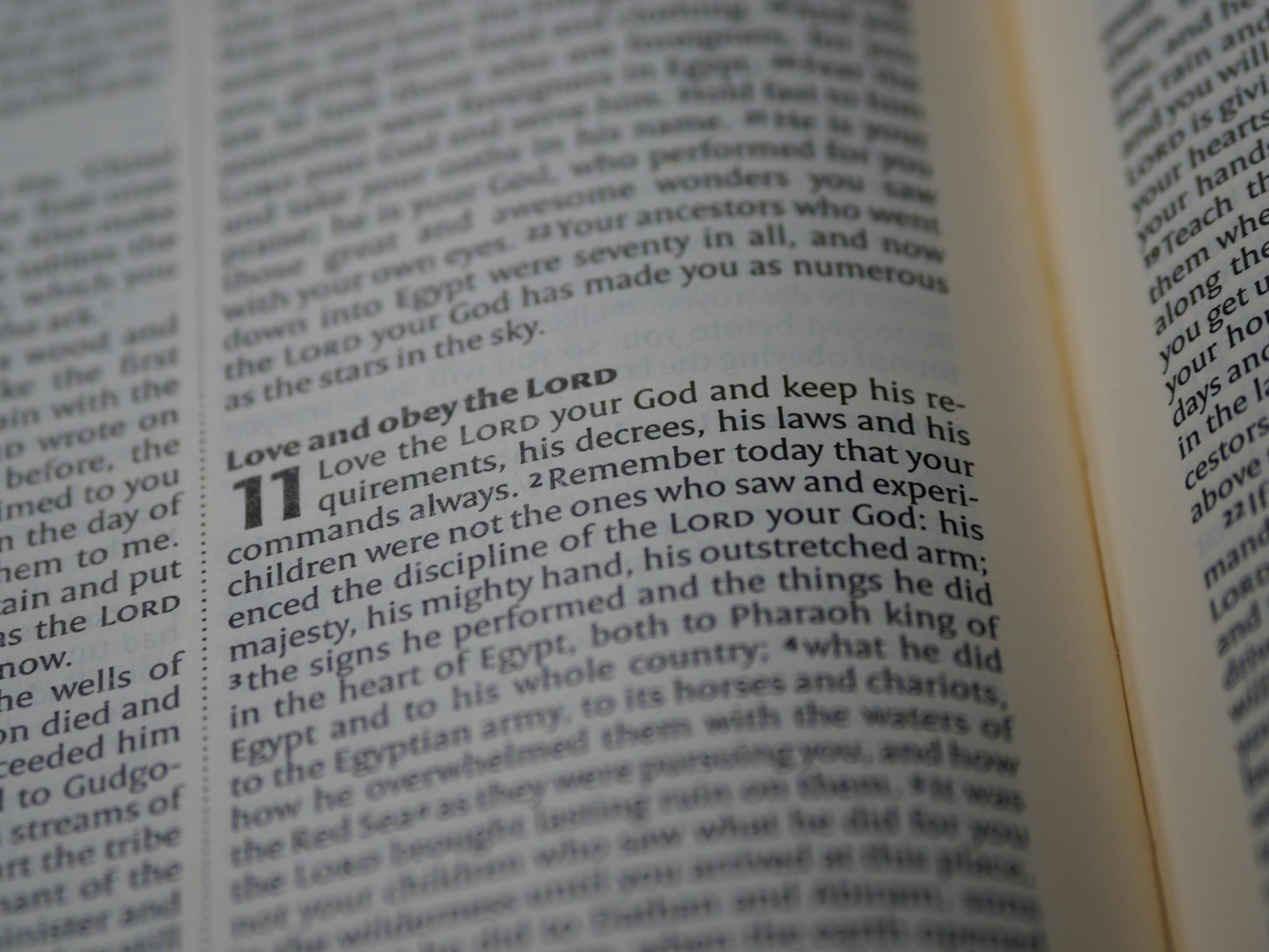 A detailed close-up of a Bible page focusing on a passage about love and obedience to God.